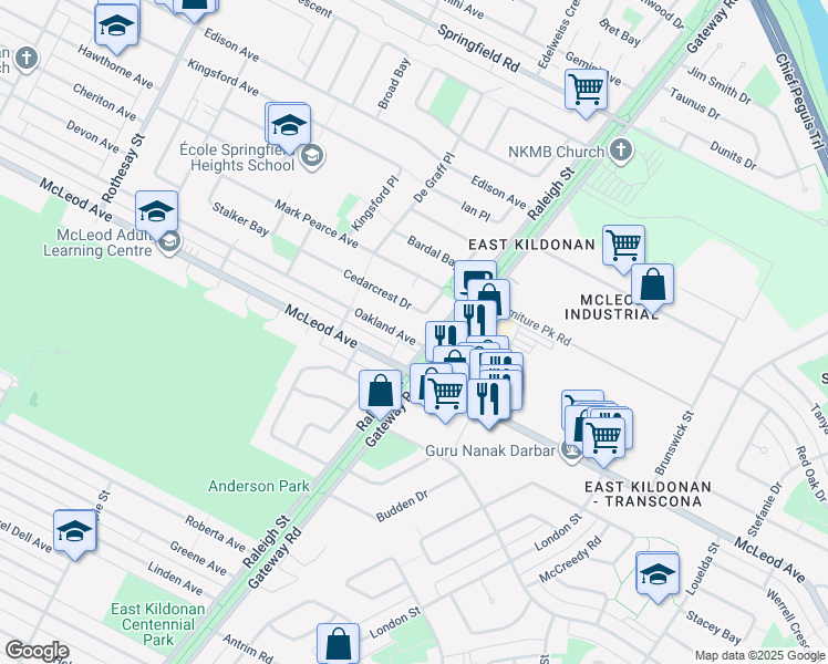 map of restaurants, bars, coffee shops, grocery stores, and more near 765 Oakland Avenue in Winnipeg