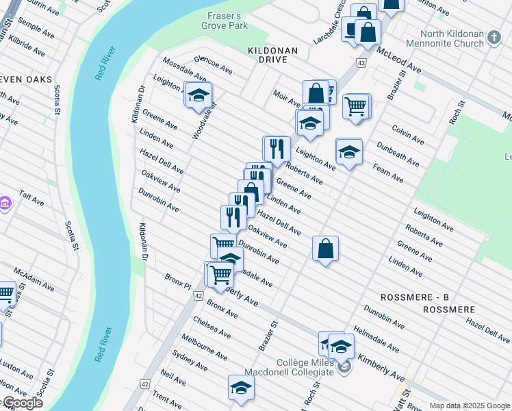 map of restaurants, bars, coffee shops, grocery stores, and more near 835 Route 42 in Winnipeg
