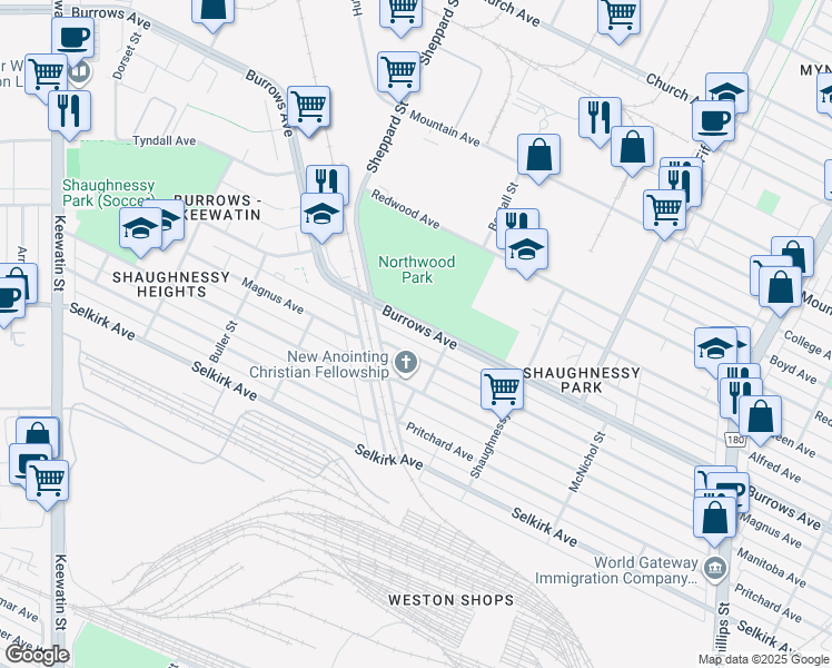 map of restaurants, bars, coffee shops, grocery stores, and more near 1460 Burrows Avenue in Winnipeg