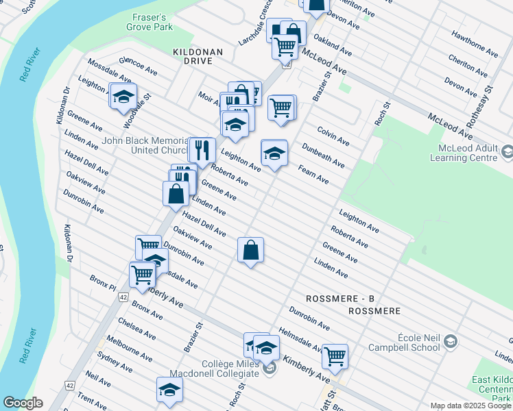 map of restaurants, bars, coffee shops, grocery stores, and more near 275 Greene Ave in Winnipeg