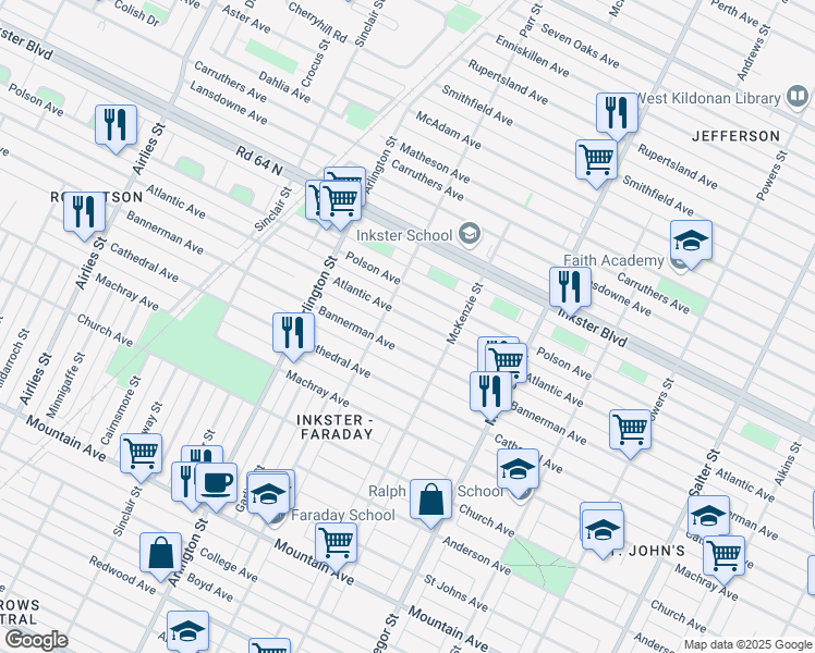 map of restaurants, bars, coffee shops, grocery stores, and more near 650 Atlantic Avenue in Winnipeg