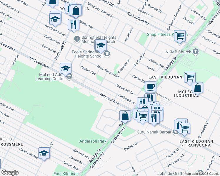 map of restaurants, bars, coffee shops, grocery stores, and more near 663 Oakland Avenue in Winnipeg