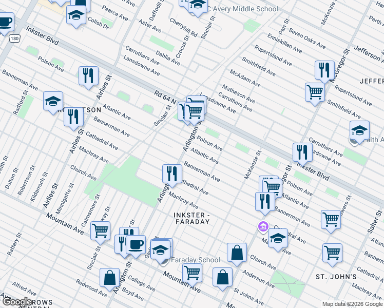 map of restaurants, bars, coffee shops, grocery stores, and more near 716 Atlantic Avenue in Winnipeg