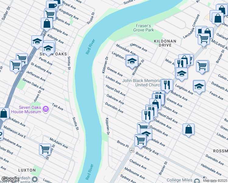 map of restaurants, bars, coffee shops, grocery stores, and more near 48 Hazel Dell Avenue in Winnipeg