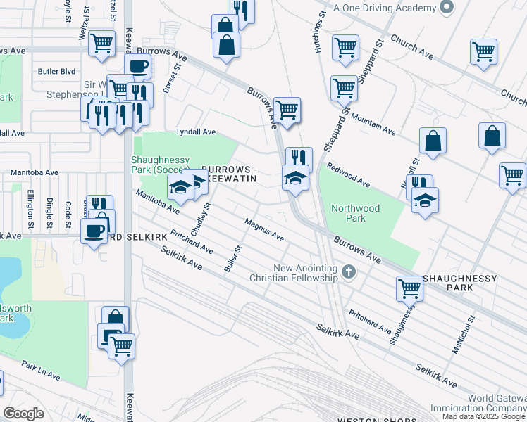 map of restaurants, bars, coffee shops, grocery stores, and more near 91 Buller Street in Winnipeg