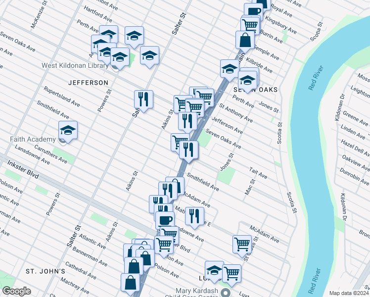 map of restaurants, bars, coffee shops, grocery stores, and more near 205 Rupertsland Avenue in Winnipeg
