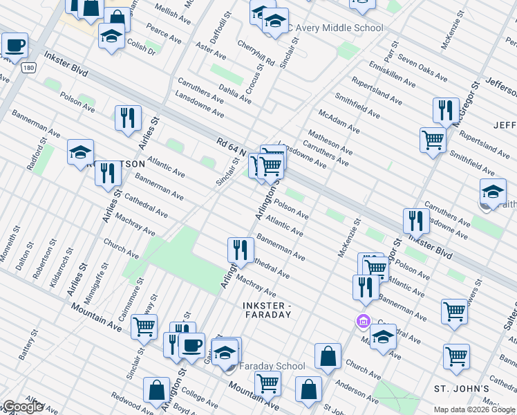 map of restaurants, bars, coffee shops, grocery stores, and more near 716 Atlantic Avenue in Winnipeg