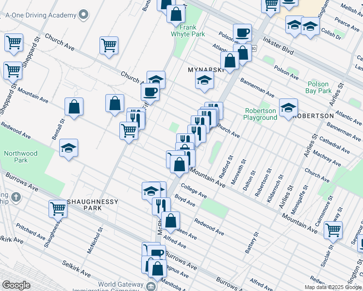 map of restaurants, bars, coffee shops, grocery stores, and more near 1185 Troy Avenue in Winnipeg