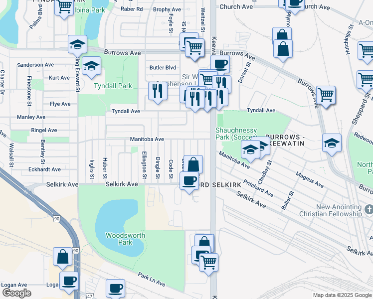 map of restaurants, bars, coffee shops, grocery stores, and more near 53 Brazil Street in Winnipeg