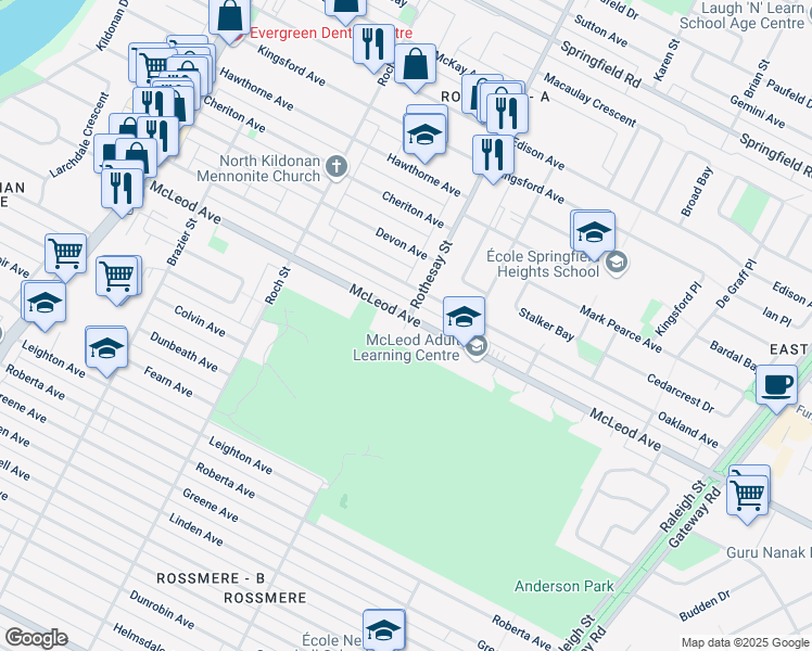 map of restaurants, bars, coffee shops, grocery stores, and more near 3 Melness Bay in Winnipeg