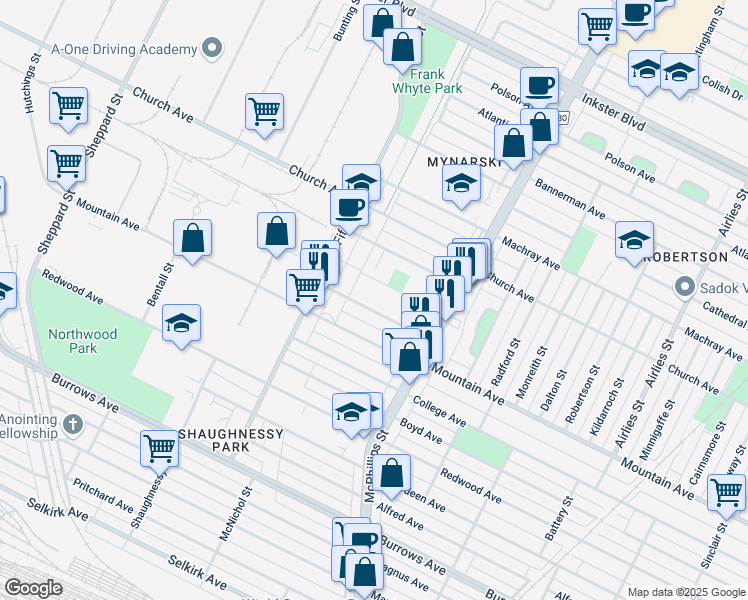 map of restaurants, bars, coffee shops, grocery stores, and more near 1255 Troy Avenue in Winnipeg