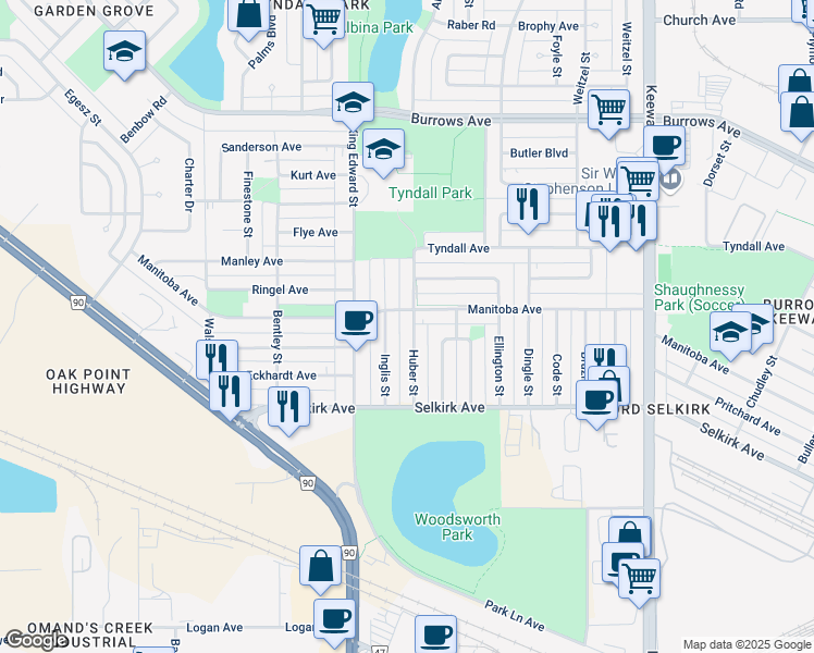 map of restaurants, bars, coffee shops, grocery stores, and more near 54 Huber Street in Winnipeg