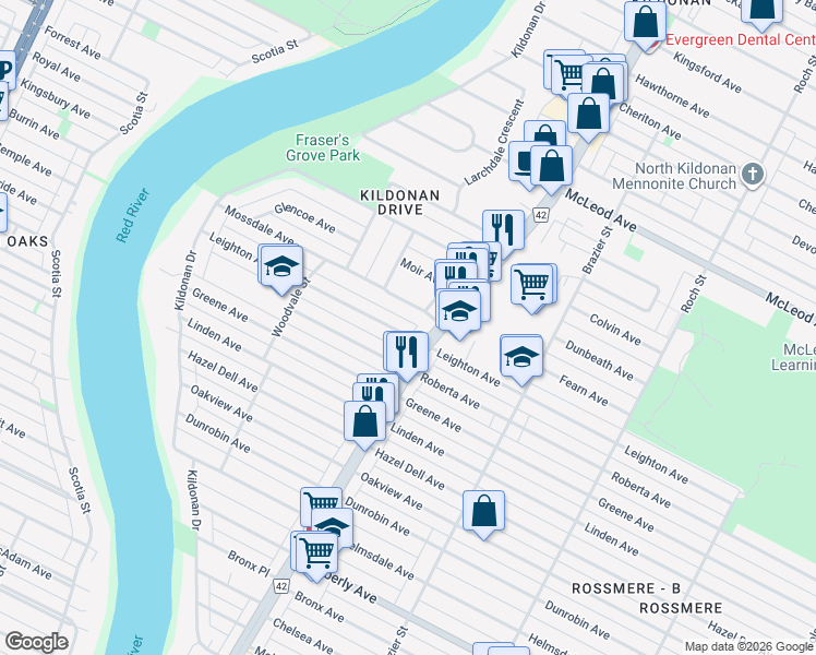 map of restaurants, bars, coffee shops, grocery stores, and more near 191 Leighton Avenue in Winnipeg
