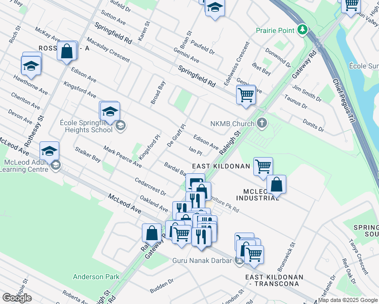 map of restaurants, bars, coffee shops, grocery stores, and more near 602 Ian Place in Winnipeg