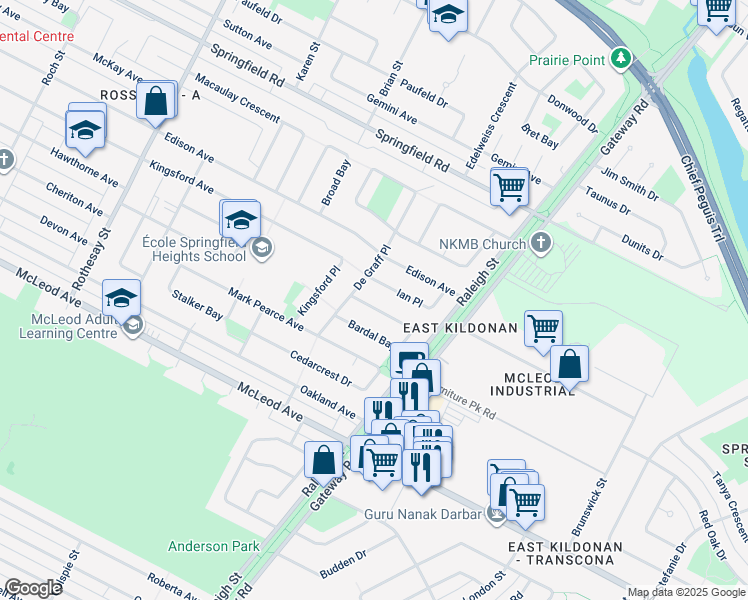 map of restaurants, bars, coffee shops, grocery stores, and more near 583 Bardal Bay in Winnipeg