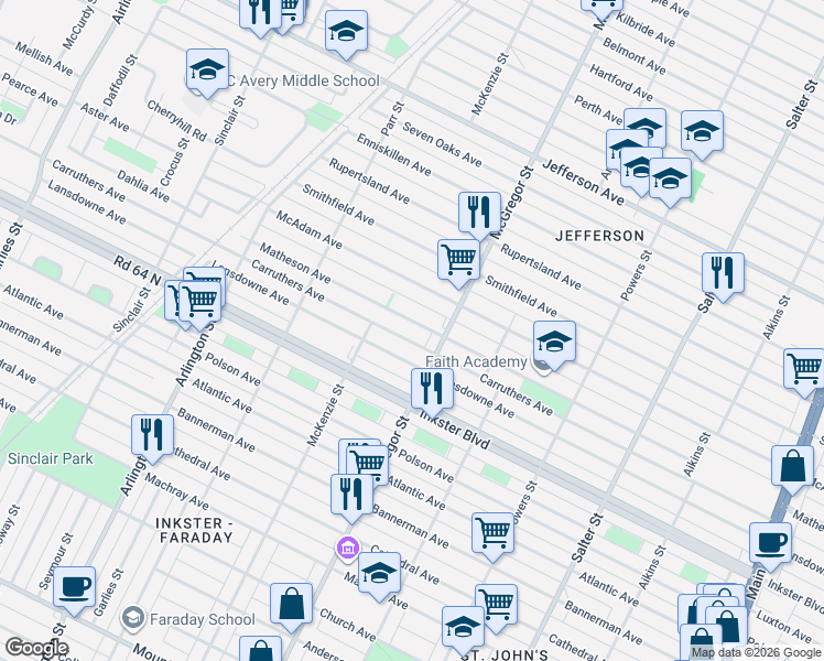 map of restaurants, bars, coffee shops, grocery stores, and more near 536 Matheson Avenue in Winnipeg