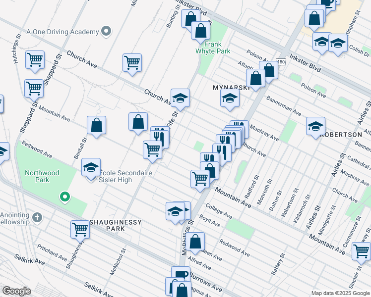 map of restaurants, bars, coffee shops, grocery stores, and more near 1265 Troy Avenue in Winnipeg
