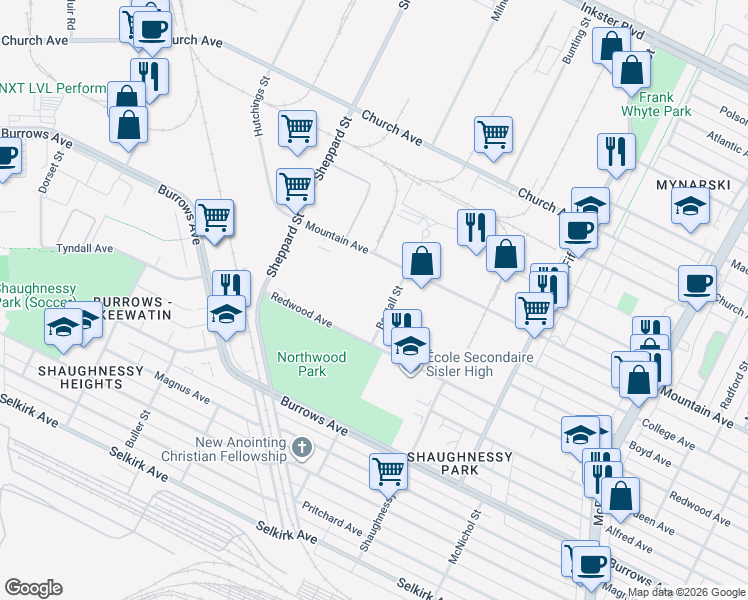 map of restaurants, bars, coffee shops, grocery stores, and more near 20 Bentall Street in Winnipeg