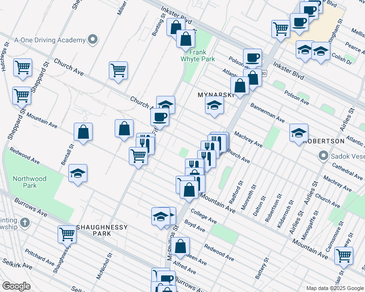 map of restaurants, bars, coffee shops, grocery stores, and more near 1220 Chamberlain Avenue in Winnipeg