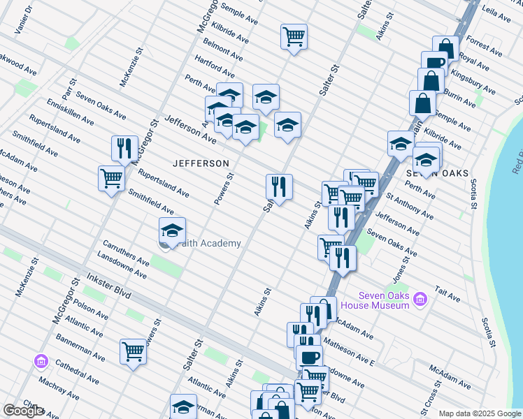 map of restaurants, bars, coffee shops, grocery stores, and more near 300 Enniskillen Avenue in Winnipeg