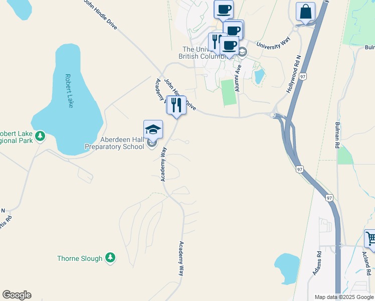 map of restaurants, bars, coffee shops, grocery stores, and more near 935 Academy Way in Kelowna