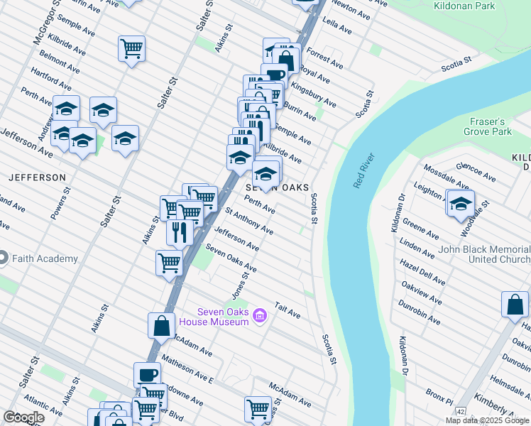 map of restaurants, bars, coffee shops, grocery stores, and more near in Winnipeg