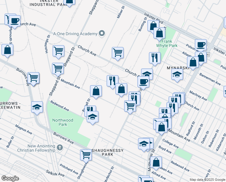map of restaurants, bars, coffee shops, grocery stores, and more near 1355 Mountain Avenue in Winnipeg