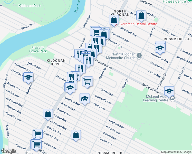 map of restaurants, bars, coffee shops, grocery stores, and more near 1030 Brazier Street in Winnipeg