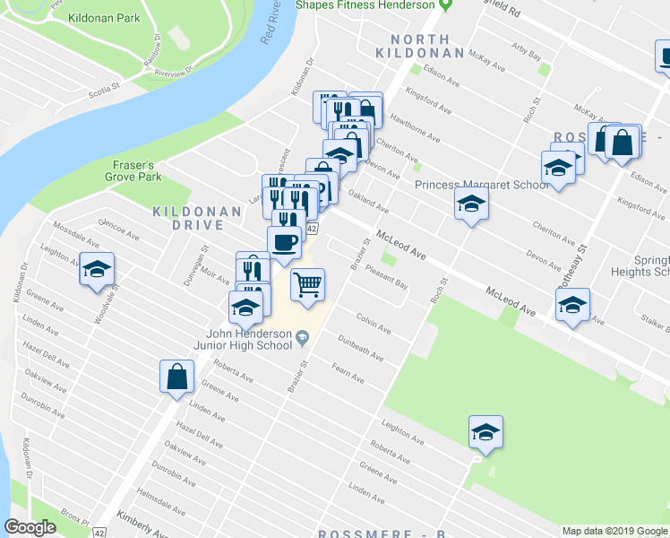 map of restaurants, bars, coffee shops, grocery stores, and more near 1030 Brazier Street in Winnipeg