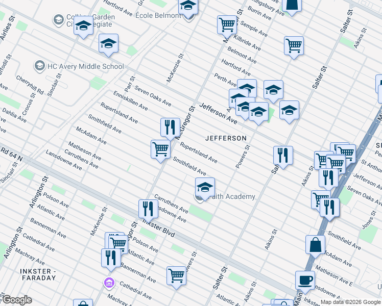 map of restaurants, bars, coffee shops, grocery stores, and more near 428 Rupertsland Avenue in Winnipeg