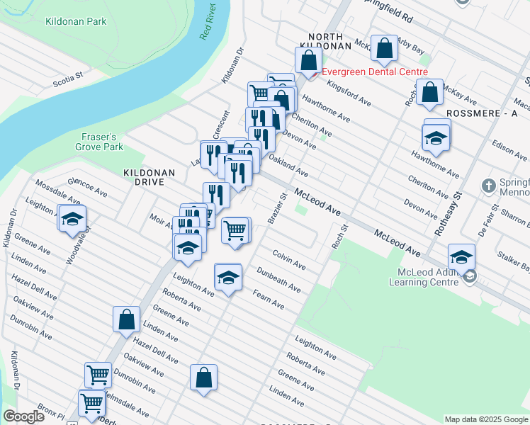 map of restaurants, bars, coffee shops, grocery stores, and more near 1030 Brazier Street in Winnipeg