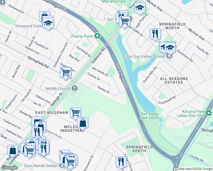 map of restaurants, bars, coffee shops, grocery stores, and more near 91 Taunus Drive in Winnipeg