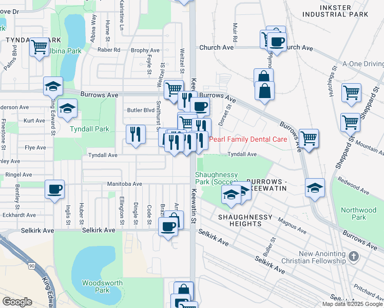 map of restaurants, bars, coffee shops, grocery stores, and more near 810 Keewatin Street in Winnipeg