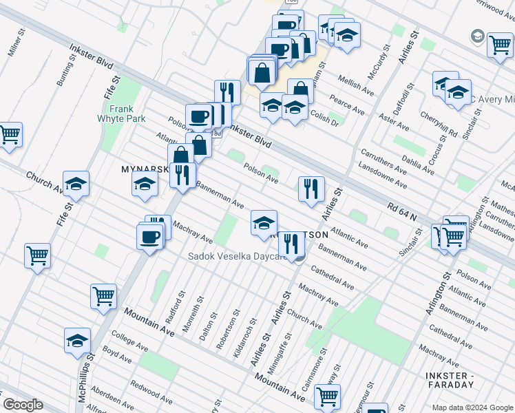 map of restaurants, bars, coffee shops, grocery stores, and more near 961 Bannerman Avenue in Winnipeg