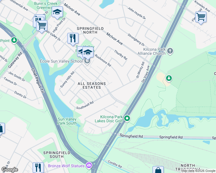 map of restaurants, bars, coffee shops, grocery stores, and more near 47 Capricorn Place in Winnipeg
