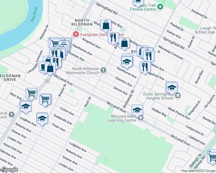 map of restaurants, bars, coffee shops, grocery stores, and more near 328 Devon Avenue in Winnipeg