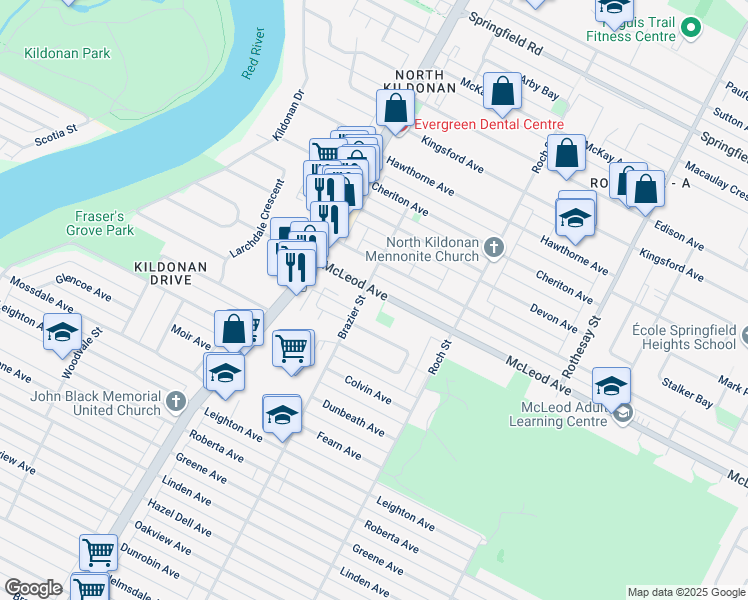 map of restaurants, bars, coffee shops, grocery stores, and more near 304 McLeod Avenue in Winnipeg