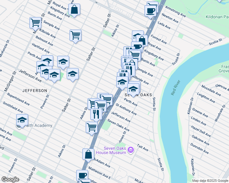 map of restaurants, bars, coffee shops, grocery stores, and more near 215 Hartford Avenue in Winnipeg