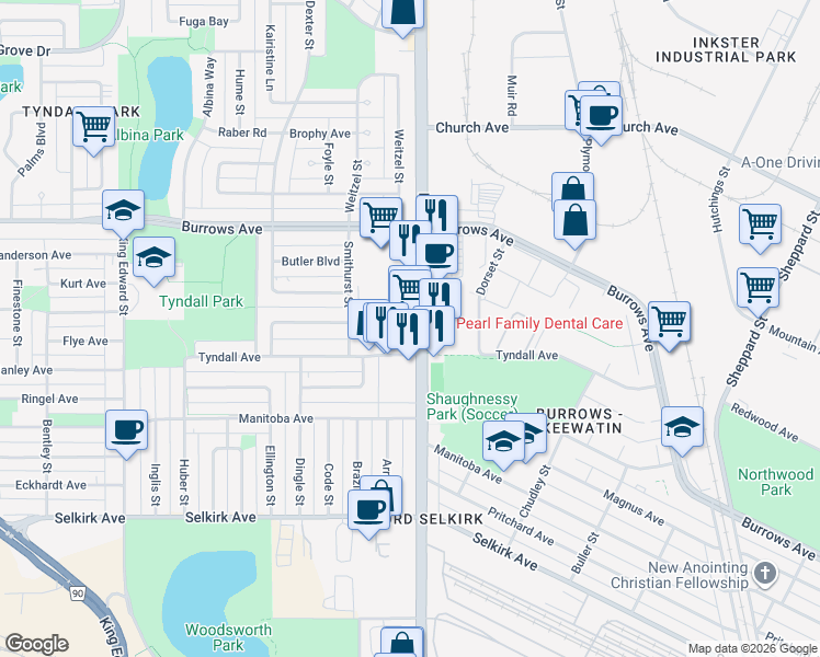 map of restaurants, bars, coffee shops, grocery stores, and more near 205 Tyndall Avenue in Winnipeg