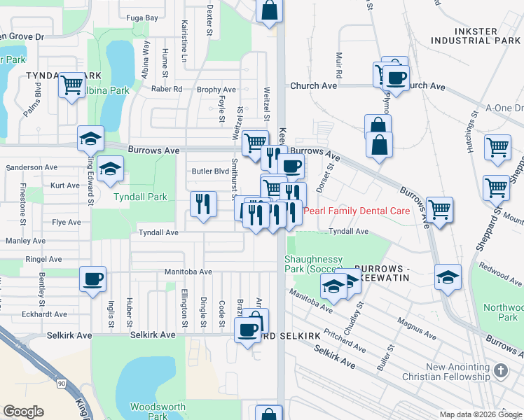 map of restaurants, bars, coffee shops, grocery stores, and more near 215 Tyndall Avenue in Winnipeg