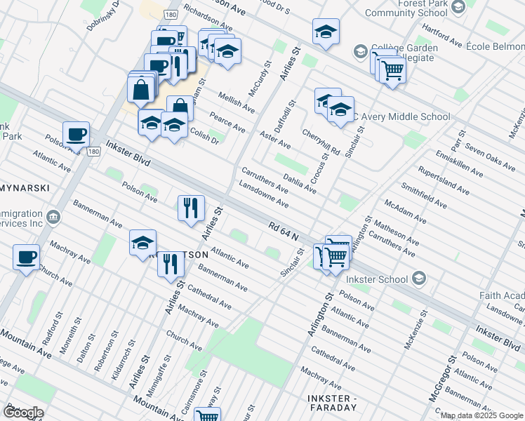 map of restaurants, bars, coffee shops, grocery stores, and more near 881 Inkster Boulevard in Winnipeg