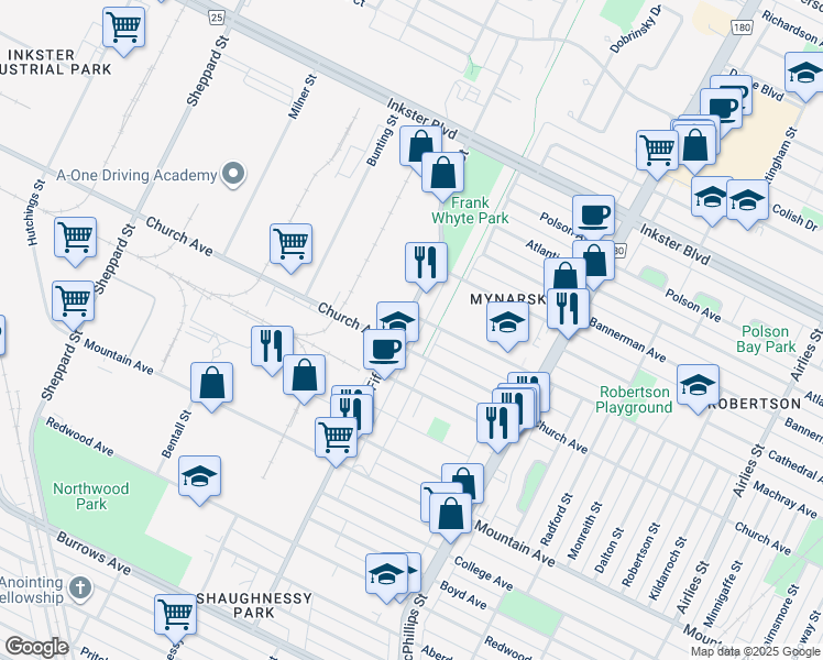map of restaurants, bars, coffee shops, grocery stores, and more near 1171 Fife Street in Winnipeg