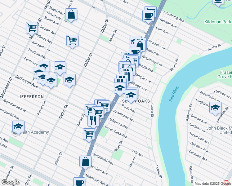 map of restaurants, bars, coffee shops, grocery stores, and more near 215 Hartford Avenue in Winnipeg