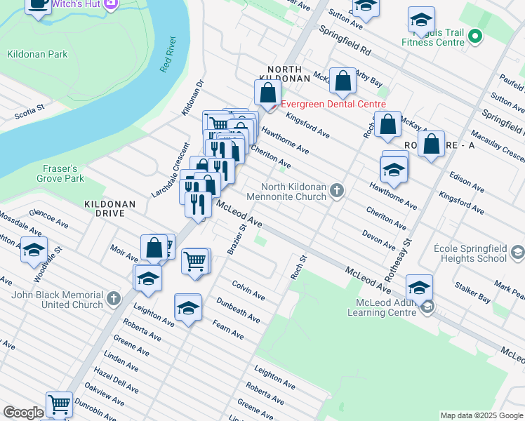 map of restaurants, bars, coffee shops, grocery stores, and more near 308 Oakland Avenue in Winnipeg