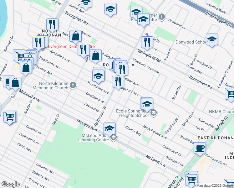 map of restaurants, bars, coffee shops, grocery stores, and more near 1157 Rothesay Street in Winnipeg