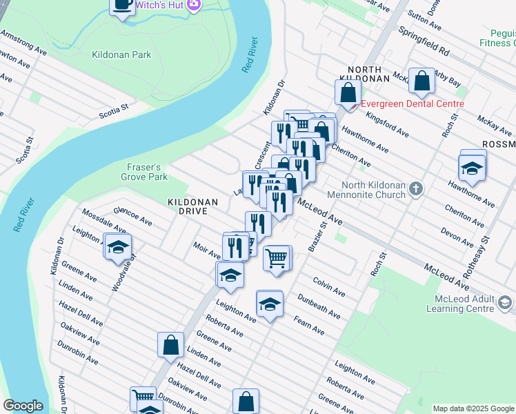 map of restaurants, bars, coffee shops, grocery stores, and more near 1050 Henderson Highway in Winnipeg