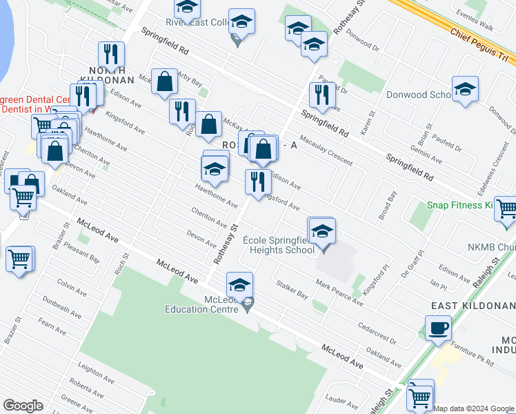 map of restaurants, bars, coffee shops, grocery stores, and more near 1179 Rothesay Street in Winnipeg