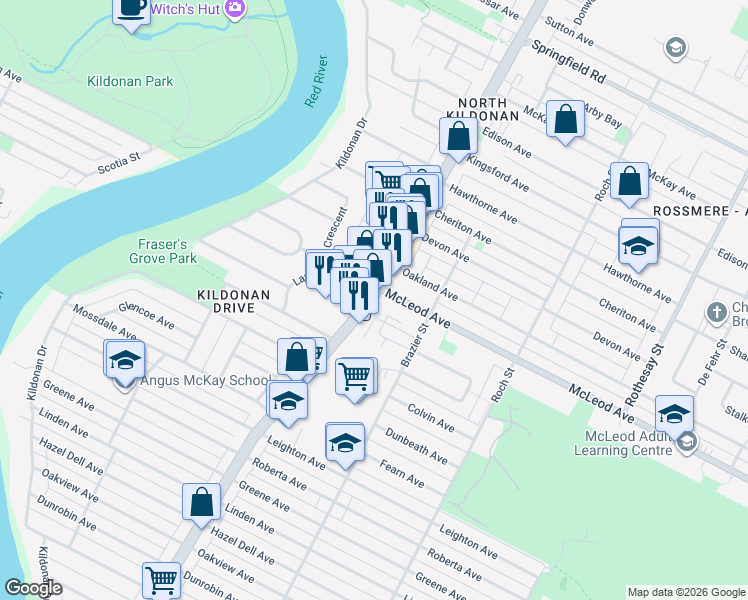 map of restaurants, bars, coffee shops, grocery stores, and more near Henderson Highway in Winnipeg