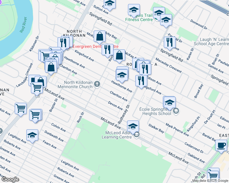 map of restaurants, bars, coffee shops, grocery stores, and more near 353 Cheriton Avenue in Winnipeg