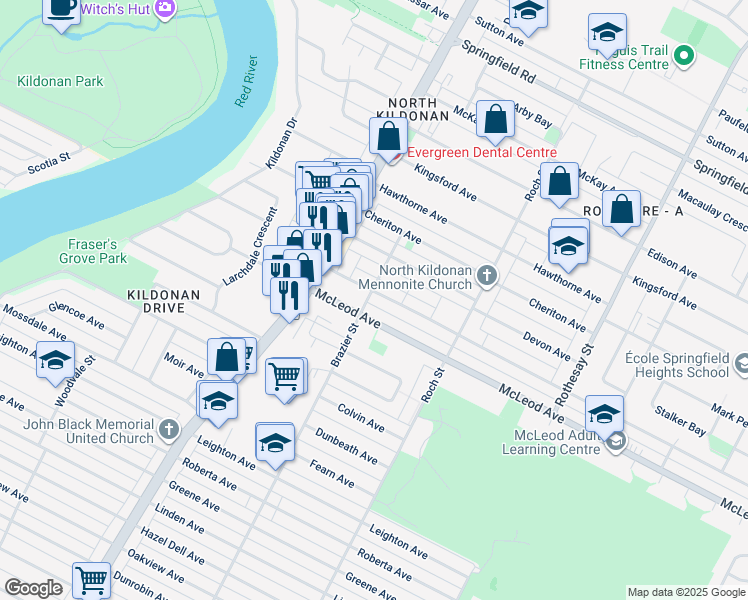 map of restaurants, bars, coffee shops, grocery stores, and more near 308 Oakland Avenue in Winnipeg